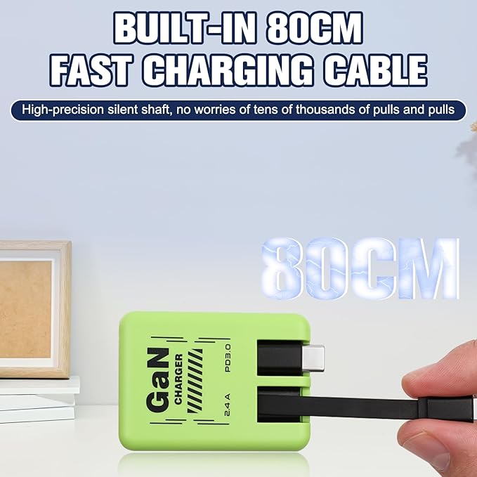 W&O 2-in-1 GaN Compatible with Fast Charger, GaN Charger Fast Charging, Retractable Phone Chargers Wall Plug with Lightning and Type-C Cables, Foldable Chargers for iPhone&Most Android