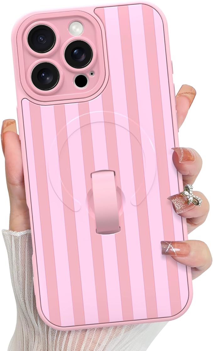 KANGHAR Compatible with iPhone 16 Pro Case, Support for MagSafe, Silicone Stripes Cute Pattern, Wristband Kickstand Camera Protection Soft Slim Cover for Girls Women -Pink