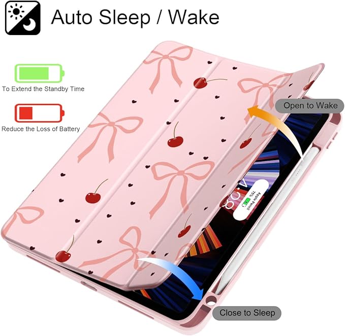 Mektron Case for iPad Pro 11 inch (4th, 3rd, 2nd & 1st Gen) 2022 2021 2020 2018, Buit in Pencil Holder with Shockproof Cover Clear Shell + Auto Wake/Sleep, Pink Bows-Hearts
