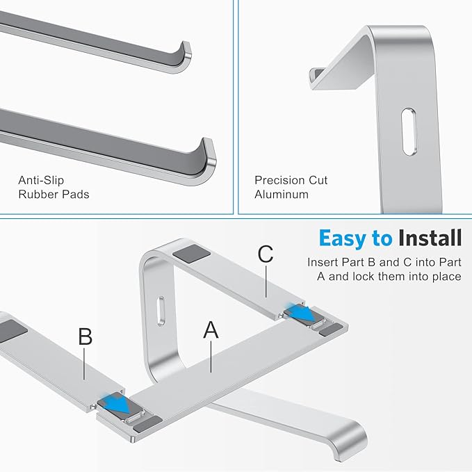 OMOTON Laptop Stand, Detachable Laptop Mount, Aluminum Laptop Holder Stand for Desk, Compatible with MacBook Air/Pro, Dell, HP All Laptops (11-16 inch), Silver
