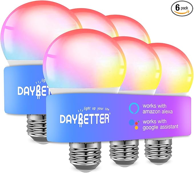 DAYBETTER Smart Light Bulbs, Alexa Light Bulb, WiFi Light Bulbs, RGBCW Color Changing Light Bulb A19 9W 800LM, Smart Bulbs that Work with Alexa & Google Assistant, Music Sync, No Hub Required, 6 Pack