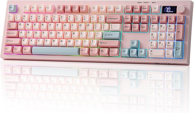EPOMAKER Aula S102 PRO Membrane Gaming Keyboard with TFT Screen, Volume Knob & Number Pad, BT/2.4G/USB, RGB Backlit, Creamy Silicone Structure, Silent Keyboard for PC Game/Office (Pink)