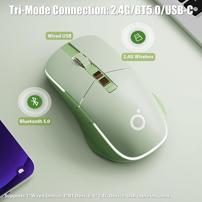 Wireless Gaming Mouse Tri-Mode 2.4Ghz/Bluetooth 5.0/Wired USB-C with RGB LED Backlit 5-Level DPI Rechargeable Ergonomic Silent Optical Mice for iMac/MacBook/Computer/Laptop, Matcha Green
