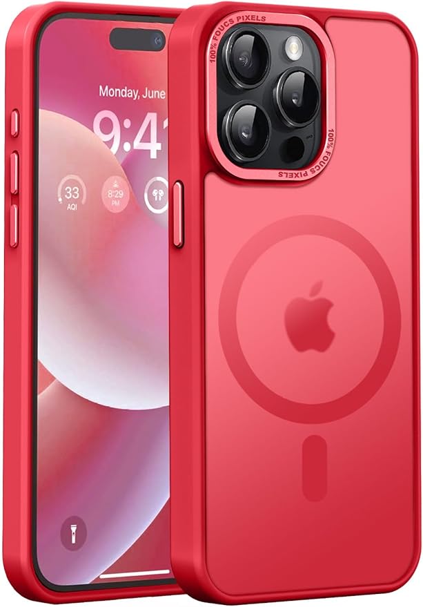 Newfuture Upgraded Magnetic for iPhone 15 Pro Max Case [Compatible with Magsafe] [Mil-Grade Protection], Pocket-Friendly, Slim Translucent Phone Case Cover for iPhone 15 Pro Max 6.7", Red