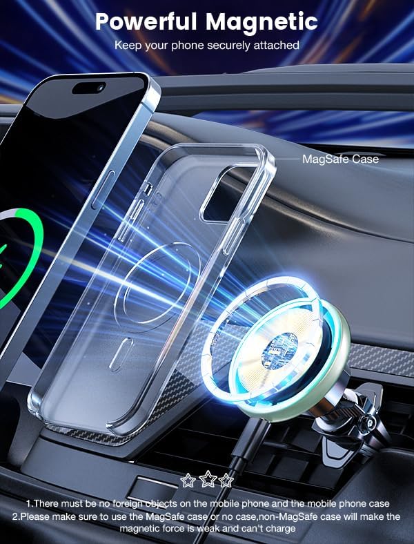 MOKPR for Magnetic Car Mount Charger-15W Wireless Car Charger-Magnetic Car Phone Holder for Dash Air Vent-LED RGB HandsFree Car Mount Fast Car Charger for iPhone 14/13/12 Series,Green