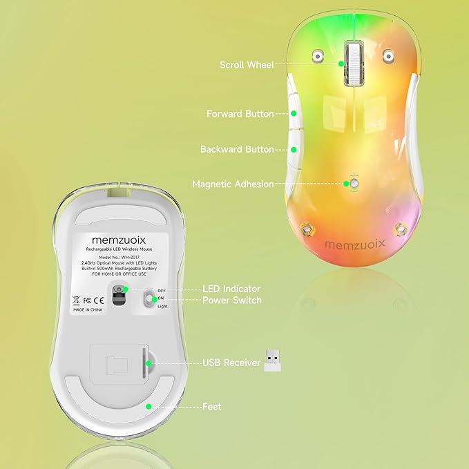 memzuoix 2.4G Wireless Mouse with Customizable Cover & 9-Color LED - Rechargeable Ergonomic, 1400 DPI, 5 Buttons, USB Receiver for PC/Mac - Yellow