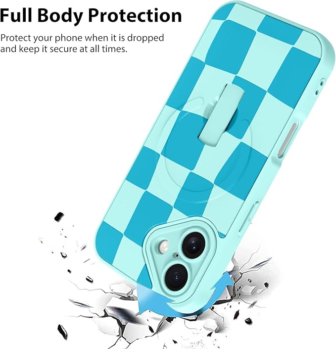 KANGHAR Compatible with iPhone 16 Case, Support for MagSafe, Silicone Checkered Cute Pattern, Wristband Kickstand Camera Protection Soft Slim Cover for Girls Women -Blue