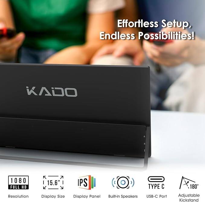 Kado 15.6 Inch FHD Portable Monitor for Laptop, 1080p Second Display IPS 1920x1080 HDMI USB-C Laptop Screen Extender, 180° Kickstand for PC, Mac, Dex, Tablet, Xbox, PS4/PS5, Switch