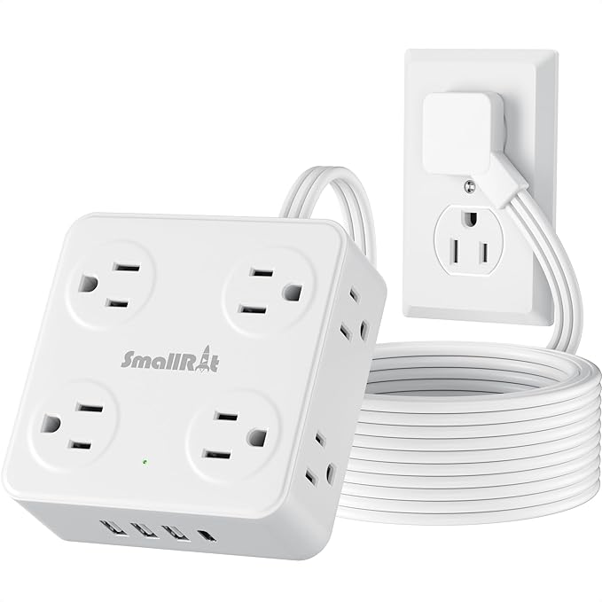 Flat Plug Power Strip with USB C, 6.5FT Flat Extension Cord - 8 AC Outlets and 4 USB(1 USB C), Power Strip with Surge Protector, Wall Mount Charging Station Office Home (White, 15 FT)