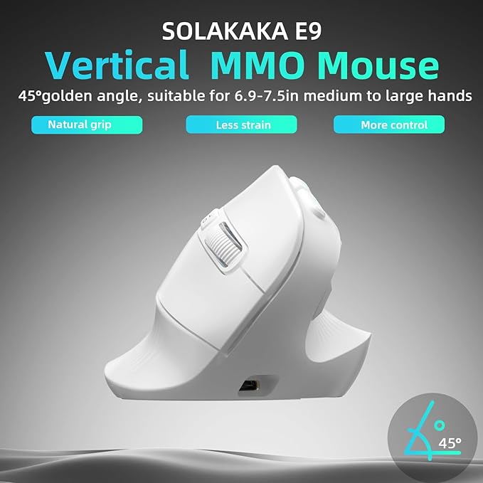 SOLAKAKA E9 Vertical MMO Gaming Mouse,24800 DPI,Tri-Mode Ergonomic Wireless Mouse with 10 Side Buttons,RGB Mouse for PC/Mac - White