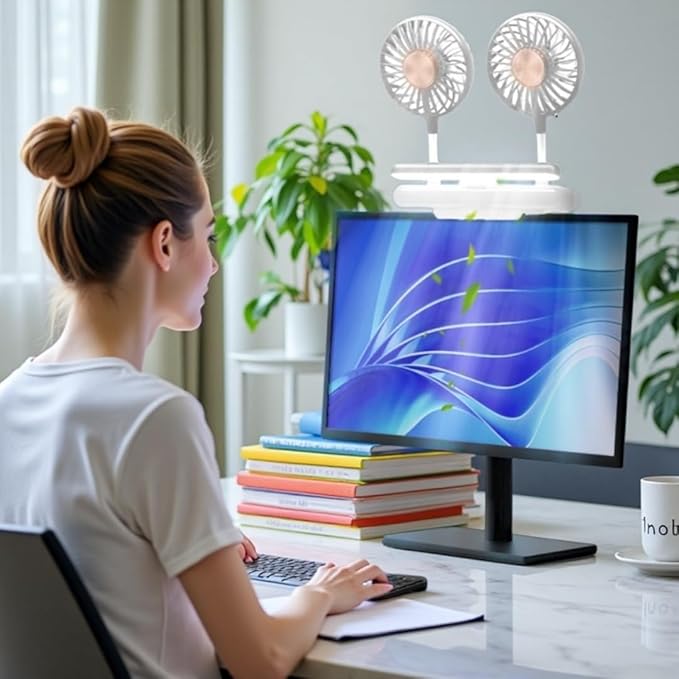 Reading Stand Lamp Space-Saving Clip Fan Light, USB-Powered Cooling 3D Fan with LED Light Bar, Personal Climate Management for Monitor/Laptop/Flat/Bedside/Bookshelf/Music Stand (Glacier Silver)