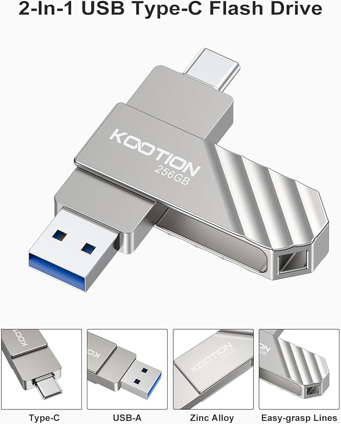 KOOTION USB 3.2 Flash Drive 256GB, Up to 450 MB/S Read Speed USB C Memory Stick, Dual USB C Thumb Drive with USB Type-C and USB A, Swivel Metal Pen Drive for Smartphones/Tablet/Laptop/Mac/Car/TV