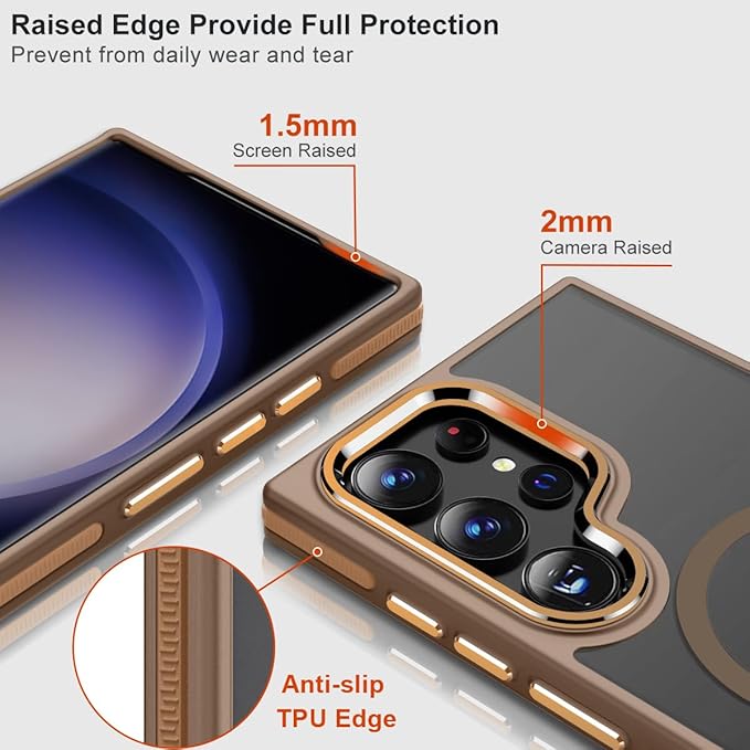 MALEWOLF Case for Samsung Galaxy S24 Ultra, Compatible with Magsafe, [Invisible & Adjustable Stand] for Matte Translucent Cover, Anti-Slip Shockproof Slim Phone Case for Galaxy S24 Ultra (Brown)