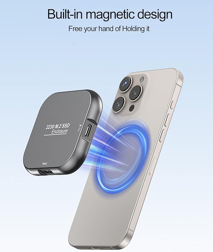 Magnetic M.2 2230 NVME Enclosure Storage for iPhone 15/16 Pro Max, USB C 3.2 Gen2 10Gbps to NVMe Adapter, 100W PD Charging, Aluminum External SSD Case for Android/iPad/MacBook (Grey Round)