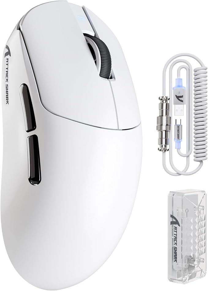 ATTACK SHARK X8 PRO 8K Wireless Gaming Mouse,PAW 3395PRO Sensor,40K DPI,Tri-Mode,55g Ultra-Light,Broadcom 52840 MCU Chip,Programmable Mice with Coiled Cable for PC/MAC/Win-White
