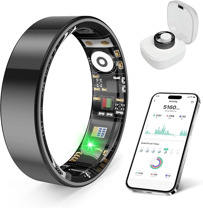 Smart Health Ring, Featuring Stress and Sleep Monitoring Functions, Compatible with iOS and Android,Waterproof Fitness Tracker for Women & Men, No Subscription Fee. (Black, 8)
