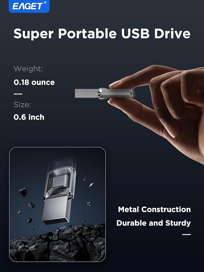 EAGET 128GB Flash Drive, Dual USB 3.2 Gen 1 USB-A & USB-C, 150MB/s Swivel Metal Thumb Drive, Memory Stick for iPhone 15/16, Android, Tablet, Laptop, Mac