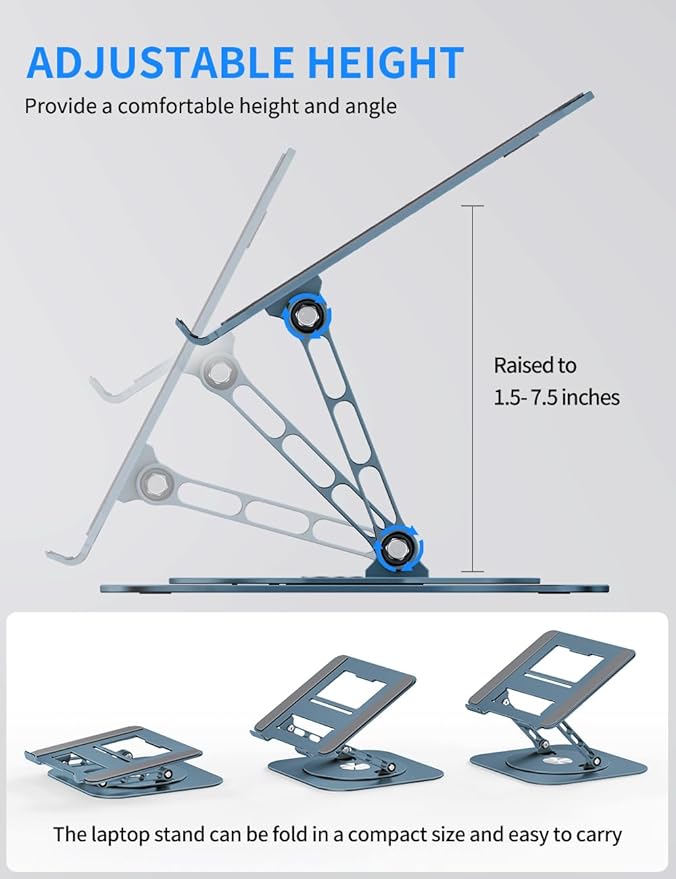 AOEVI Adjustable Laptop Stand with 360 Rotating Base, Computer Stand for Laptop Ergonimic Foldable Laptop Riser for Desk Compatible with MacBook Pro/Air Notebook up to 16 Inches, Navy