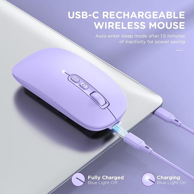 RAPIQUE Bluetooth Wireless Mouse, Rechargeable Multi-Device(Tri-Mode: BT1/BT2+2.4G) Computer Mice with USB Receiver, Slim Silent Mouse for Laptop/MacBook/Chromebook/Surface Pro/iPad Pro(Purple)