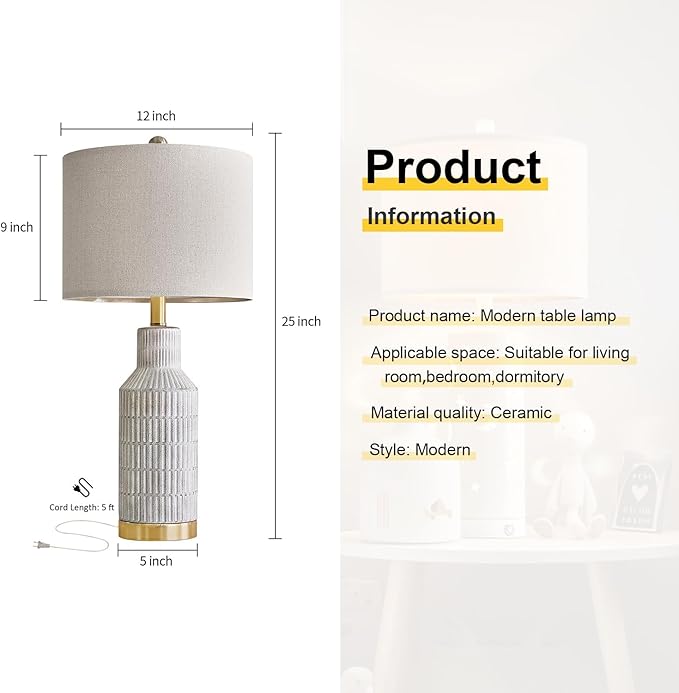 USumkky 25" Table Lamps Set of 2 - Modern Bedside Lamps for Living Room - White Washed Ceramic Nightstand Lamps for Bedroom