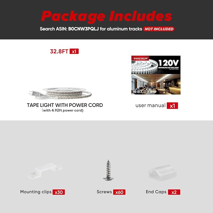 Shine Decor LED Strip Light Super Bright 8000LM, Plug&Play 120V Driverless Easy Wiring, Flicker Free Weatherproof for Outdoor Indoor, Min. 3.9” Cuttable Stickable, 2800K Warm White 32FT ETL Listed