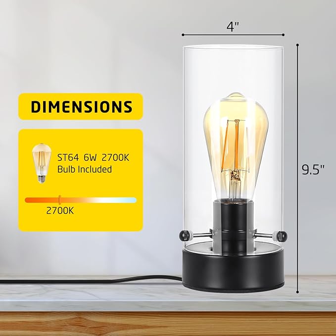 Table Lamp for Bedroom, Modern Glass Lamp Bedside Table Lamps for Night Stands with 2700K 6W Glass Bulb,Small Night Light Lamps for Living Room Kids Office Desk Decor Black