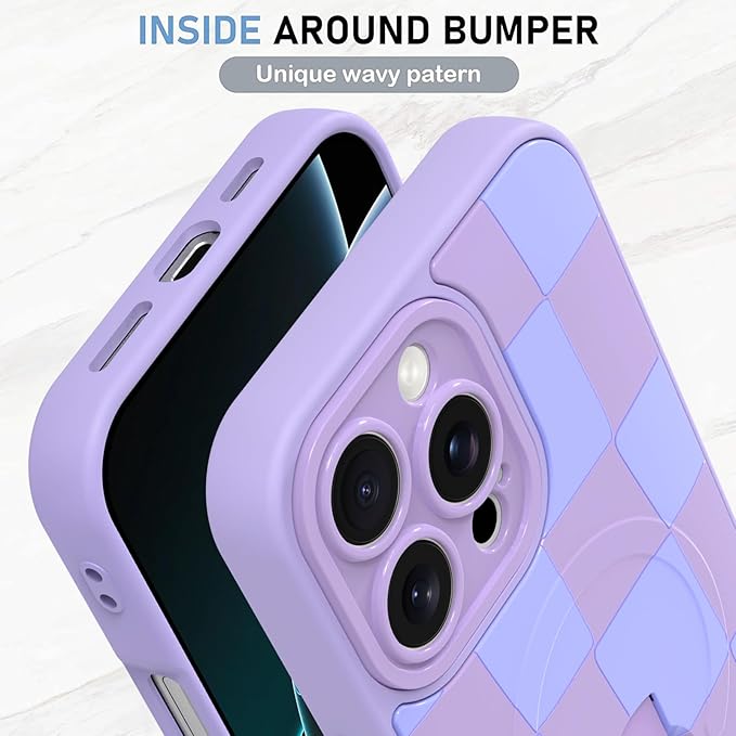 KANGHAR Compatible with iPhone 16 Pro Max Case, Support for MagSafe, Silicone Checkered Cute Pattern, Wristband Kickstand Camera Protection Soft Slim Cover for Girls Women -Purple