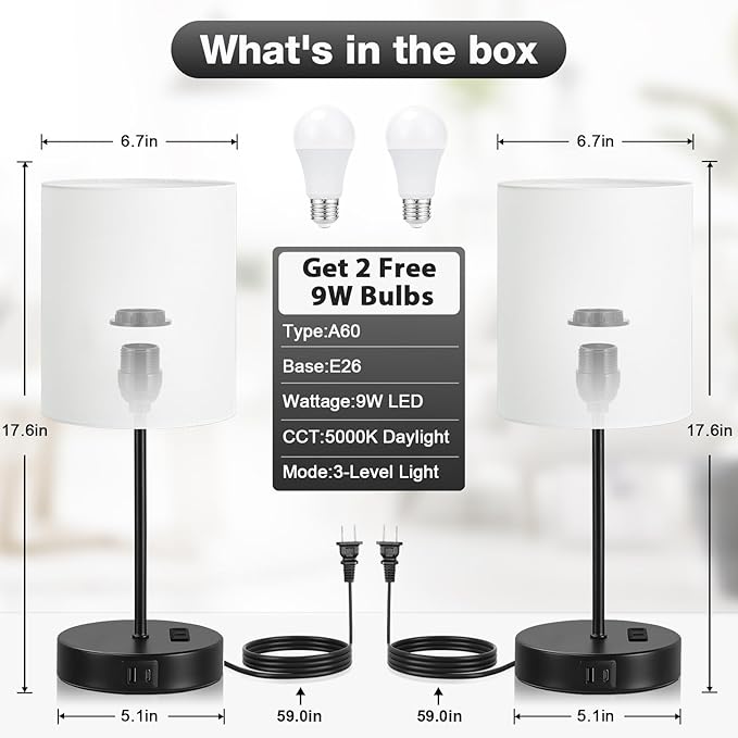 White and Black Lamps for Nightstand Set of 2 - Bedside Table Lamp for Bedroom with Dual USB Ports & AC Outlet, 3-Way Dimmable Lamps for Living Room Boys Room, Night Light with 5000K Daylight Bulbs