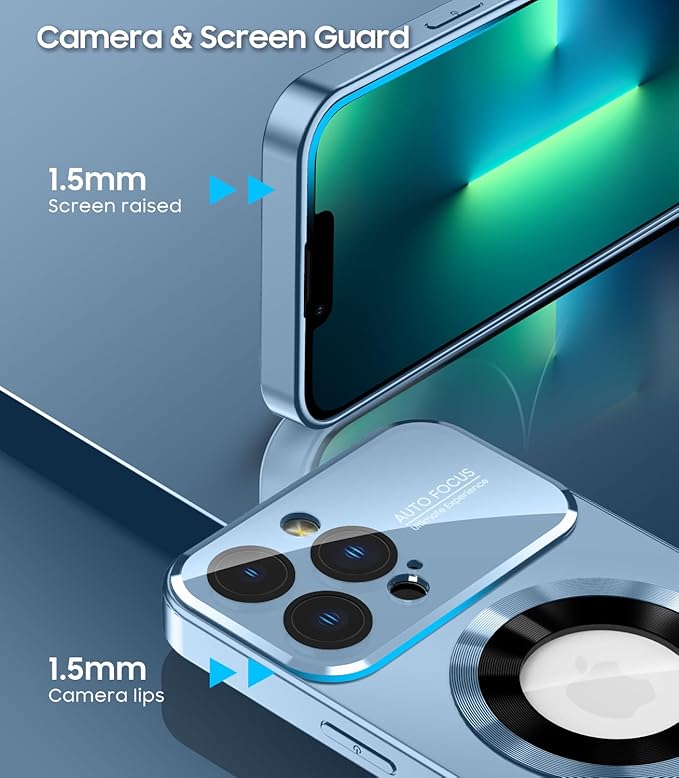 MAKAVO Magnetic for iPhone 13 Pro Max Case, Compatible with MagSafe, Built-in Camera Lens Protector, Logo View, Military Grade Drop Proof Phone Case Cover, Sierra Blue