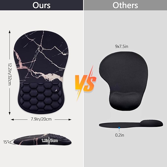 Mouse Pad Wrist Support, Ergonomic Mouse Pad with Wrist Rest, Comfortable Computer Mouse Pad for Laptop, Pain Relief Mousepad with Non-Slip PU Base Black Gold Marble