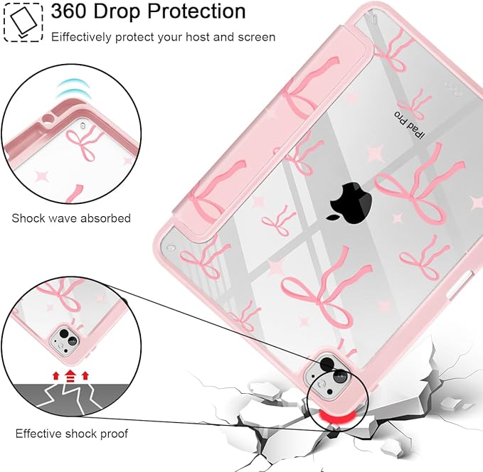 May Chen Case for iPad Pro 11-Inch M5/M4 2025/2024 (6th/5th Generation), Clear Transparent Print Back Shell Slim Stand Shockproof Tablet Cover, Auto Wake/Sleep, Pink Bows P721