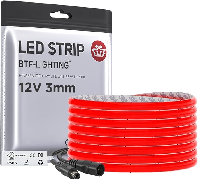BTF-LIGHTING FCOB COB 3mm Width UL Listed Super Narrow Flexible Uniform LED Strip Light Red Color 16.4FT DC12V CRI 90+ Dimmable LED Ribbon for Kitchen Home Indoor Decor(No Adapter or Controller)