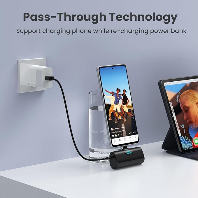 [2-Pack]Small Portable Charger 5200mAh, Upgraded PD USB C Power Bank Built-in USB-C Connector,LCD Display Battery Pack Compatible with iPhone 15/15 Plus/15 Pro/15 Pro Max/Samsung Android(Black+Purple)