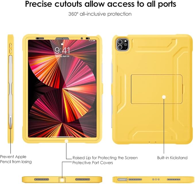 DTTO for iPad Pro 11 inch Case 2022(4th Gen)/2021(3rd Gen), [Screen Protector] Dual Layer Full Body Protection Cover with Pencil Holder, Also Fit iPad Pro 11'' 2020&2018/iPad Air 5/Air 4 - Yellow