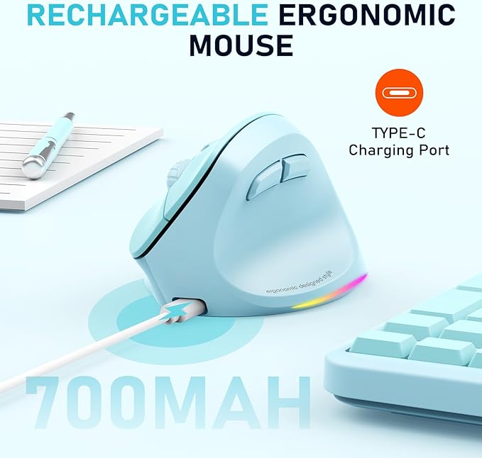 MEETION Ergonomic Mouse, Wireless Vertical Mouse RGB Backlit Rechargeable Mice for Bluetooth(5.2 + 3.0) & USB-A with Type-c Adapter 4 Adjustable DPI Mac/Windows/Andriod/PC/Tablet/iPad Blue