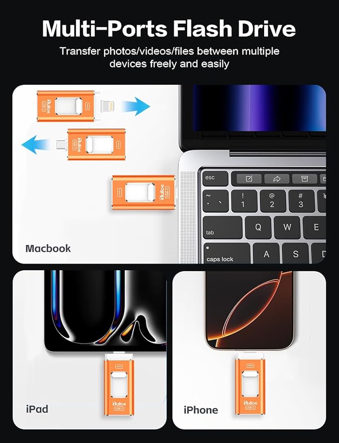 Gulloe 512GB Dual Interface Flash Drive for Phone Storage Photos Videos, Phone USB Backup External Photo Memory Stick - No App Required, Compatible with iPhone, iPad, Android & PC (Orange)