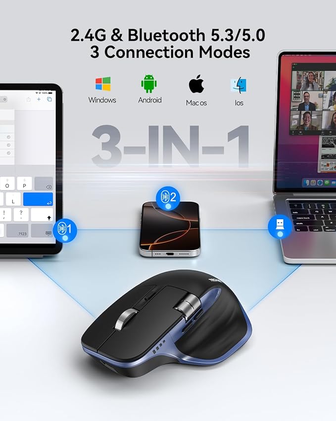 TECKNET Wireless Mouse, Bluetooth Mouse (BT5.3/5.0 & 2.4G) Rechargeable Ergonomic Optical Mouse with 6 Adjustable DPI, Side Scroll, USB A Receiver, 7 Buttons, Wide Compatibility - Black & Blue