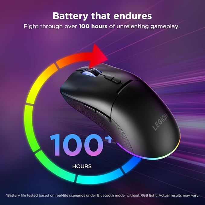 Lenovo Legion M220 Wireless RGB Gaming Mouse, Dual Channel Bluetooth, 2.4Ghz Wireless, USB-C Charging, 5-Level DPI Switch, Symmetrical Medium-Large Size, Black