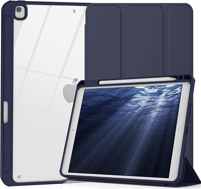 Case for iPad 9th / 8th / 7th Generation (2021/2020 / 2019), for iPad 10.2 Inch Case with Pencil Holder, Stand Tablet Clear Back Cover, Auto Sleep/Wake - Navy Blue