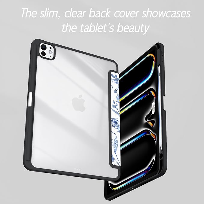Case for iPad Pro 11-Inch M5/M4 2025/2024 (6th/5th Generation), Case with Pencil Holder, Clear Back Cover Cute Cool Design for Women Girls, Auto Sleep/Wake, Blue Flower