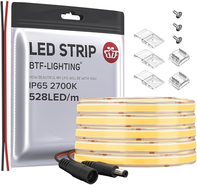 BTF-LIGHTING FCOB COB LED Strip IP65 Flexible High Density Uniform Light 14W/m 16.4FT DC24V Warm White 2700K 528LED/m CRI 90+ 10mm Width Dimmable LED Ribbon for Decor(No Adapter or Controller)