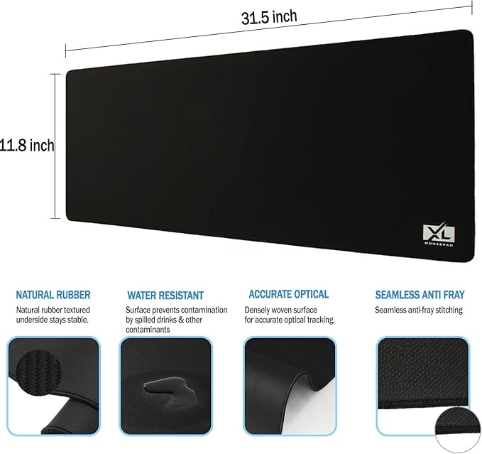 XL Mouse Pad - Large Extended Gaming Desk Mousepad (800x300x3mm) - Nonslip Rubber Base and Water Spill Resistant Desktop Keyboard Mouse Mat - Anti-Fray Cloth - Black