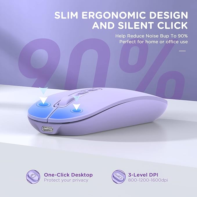 RAPIQUE Bluetooth Wireless Mouse, Rechargeable Multi-Device(Tri-Mode: BT1/BT2+2.4G) Computer Mice with USB Receiver, Slim Silent Mouse for Laptop/MacBook/Chromebook/Surface Pro/iPad Pro(Purple)