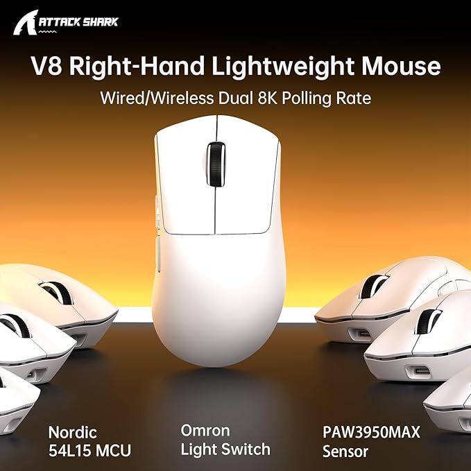 MAMBASNAKE ATTACKSHARK V8 Wireless Ultralight Gaming Mouse with 8K Polling,42000 DPI,Nordic 54L15 MCU Chip,PixArt 3950 Max Sensor-Wired/BT/2.4Ghz,400Hrs Long Battery,Programmable for PC Mac FPS(White)
