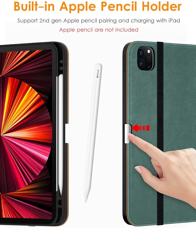 DTTO Case for iPad Pro 11 Inch 4th / 3rd / 2nd / 1st Generation 2022/2021/2020/2018,Premium PU Leather Folio Stand Cover with Hand Strap, Auto Wake/Sleep,Multiple Viewing Angles, Pine Green