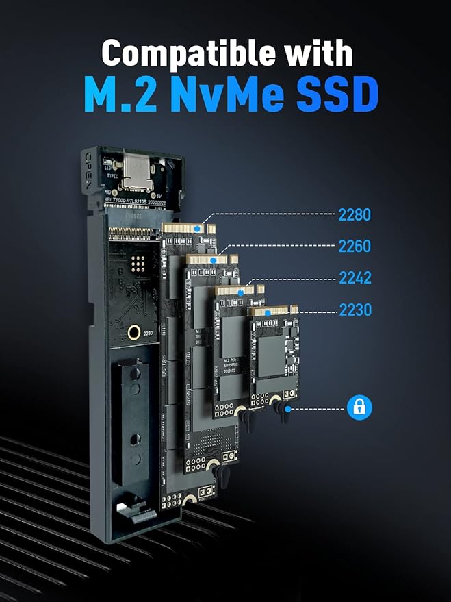 V VCOM M.2 NVMe SSD Enclosure,USB C External Adapter, USB 3.2 Gen2 (10Gbps) with UASP, Trim Support - M-Key(B+M Key) for 2230/2242/2260/2280 SSDs
