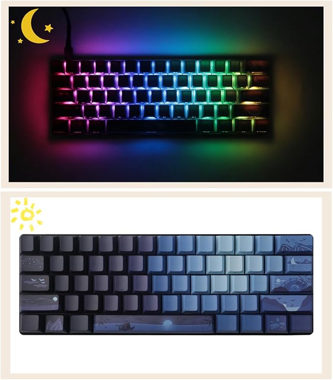 PBT Moonlit Keycaps Custom Dark Blue Shine Through Keycaps Cherry Profile 128 Keys Side Print Key Caps Gradient Blue for Mechanical Keyboards 60% 65% 75% Backlit