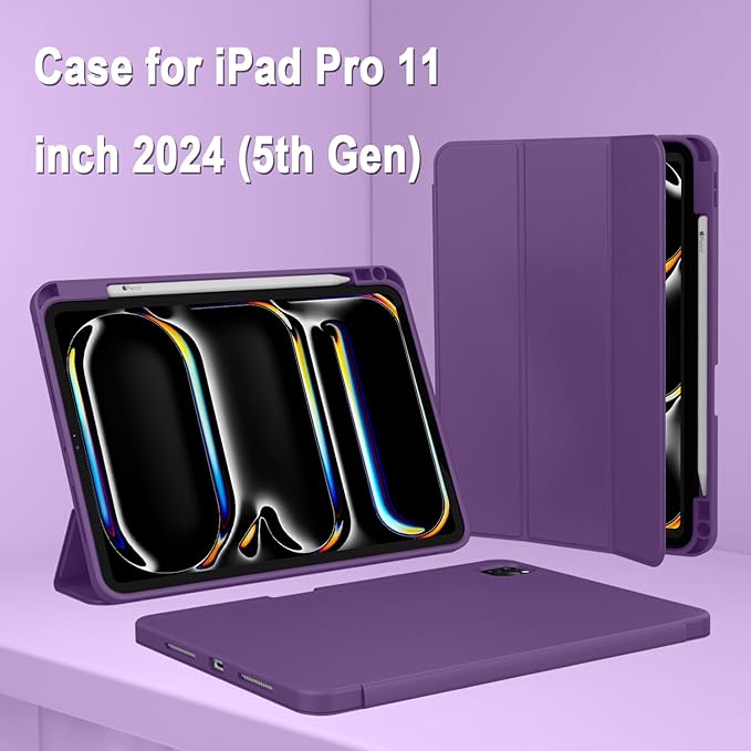 ZryXal iPad Pro 11 Inch Case (M5) 2025/ (M4) 2024 (Model: A2836/A2837/A3006), Trifold Stand Smart Cover with Pencil Holder and Soft TPU Back, Auto Wake/Sleep (Dark Purple)