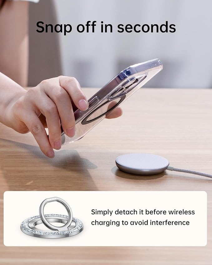SYNCWIRE Magnetic Phone Ring Holder for MagSafe - Glitter Phone Grip Stand with 360° Rotation & Reinforced Hinge, Compatible with iPhone 16 15 14 13 Pro Max Plus MagSafe Accessories - Glitter Silver