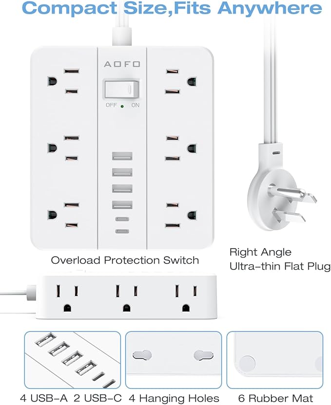 Surge Protector Power Strip - 12 AC Outlets + 6 USB Ports (2 USB-C), 5FT Flat Plug Extension Cord with Multiple Outlets, Wall Mount, White